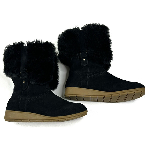 LANDS' END Mendota Black Suede Faux Fur Snow Boots Womens Size 7B Pull-On 420483 - Picture 6 of 11